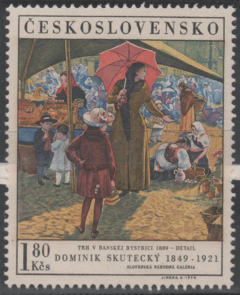 Sello E01661: hoja 108, Checoslovaquia: Sello Multicolor, dentado. Pinturas de la Galeria Nacional de Praga. Mercado Banska Bystrica. D. Skutecky, 1849-1921, 1,80 Koruna