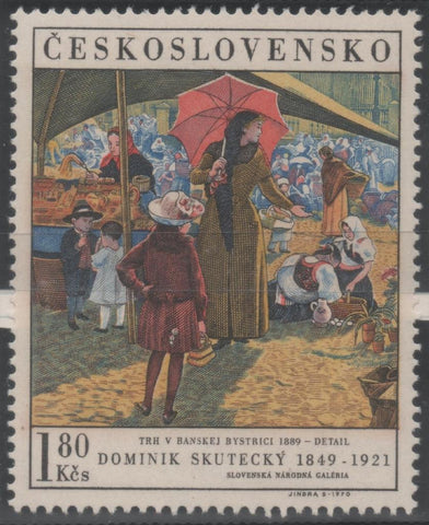 Sello E01661: hoja 108, Checoslovaquia: Sello Multicolor, dentado. Pinturas de la Galeria Nacional de Praga. Mercado Banska Bystrica. D. Skutecky, 1849-1921, 1,80 Koruna
