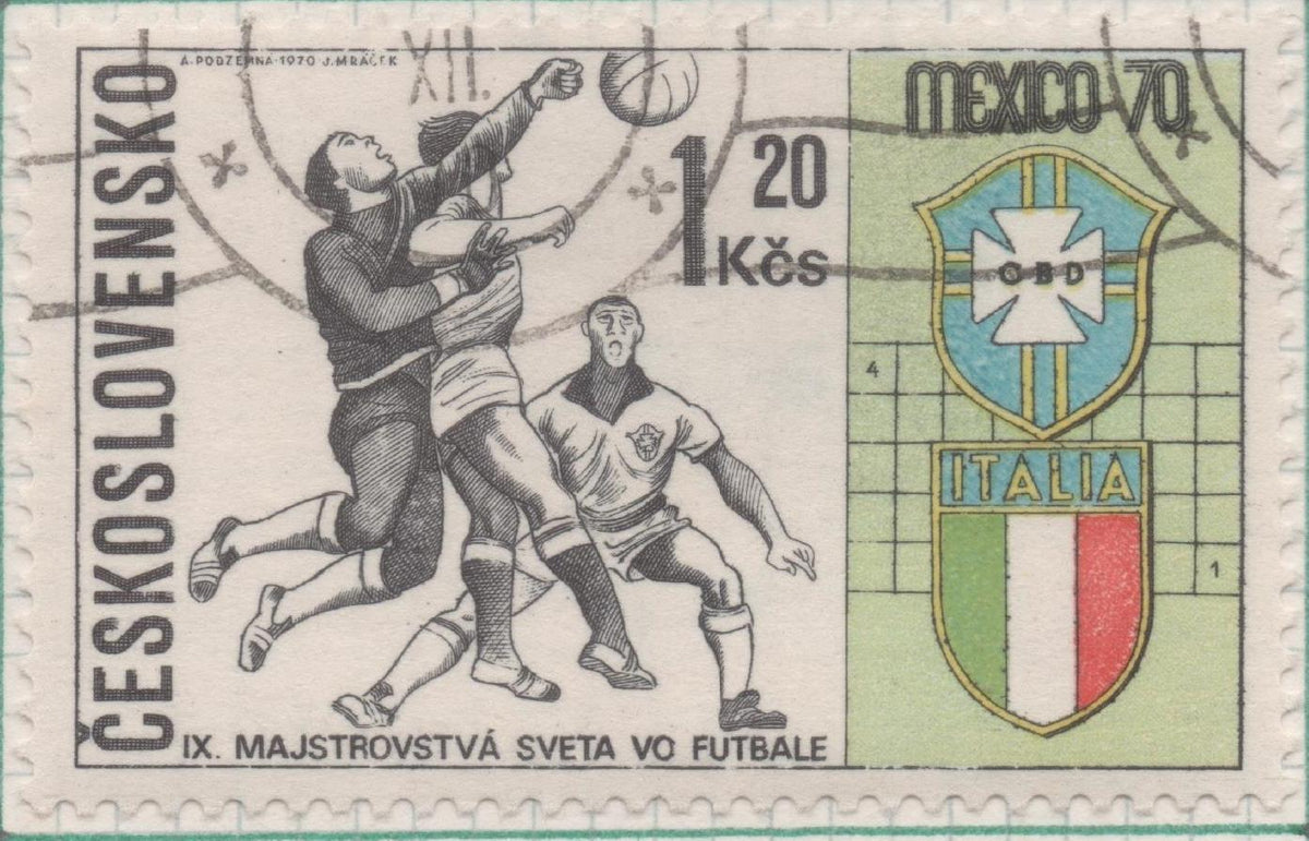 Sello E01657: hoja 107, Checoslovaquia: Sello Multicolor, dentado. Mundiales de Fútbol de México. Brasil-Italia, 1,20 Koruna