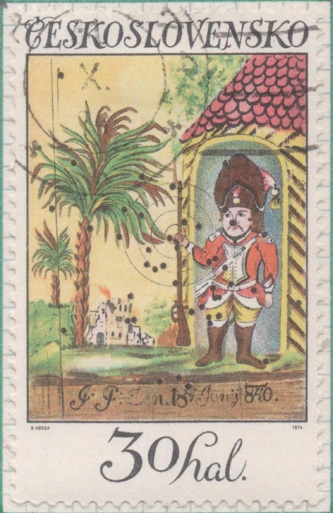 Sello E01890: hoja 124, Checoslovaquia: Sello Multicolor, dentado. Blancos de Diana. Soldado en la caseta. 1840, 30 Haleru