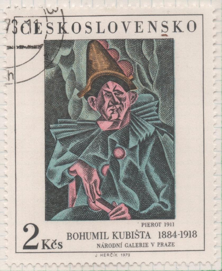 Sello E01850: hoja 121, Checoslovaquia: Sello Multicolor,dentado. Pinturas de la Galería Nacional de Praga. Pierrot. Bohumil Kubista,1884-1918, 2 Koruny