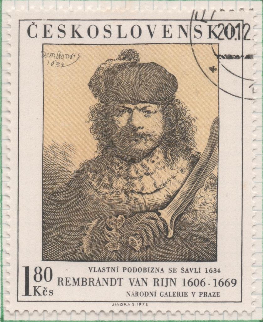 Sello E01849: hoja 121, Checoslovaquia: Sello Gris y beig, dentado. Pinturas de la Galería Nacional de Praga.  Rembrandt. Autoretrato,1606-1669, 1,80 Koruna