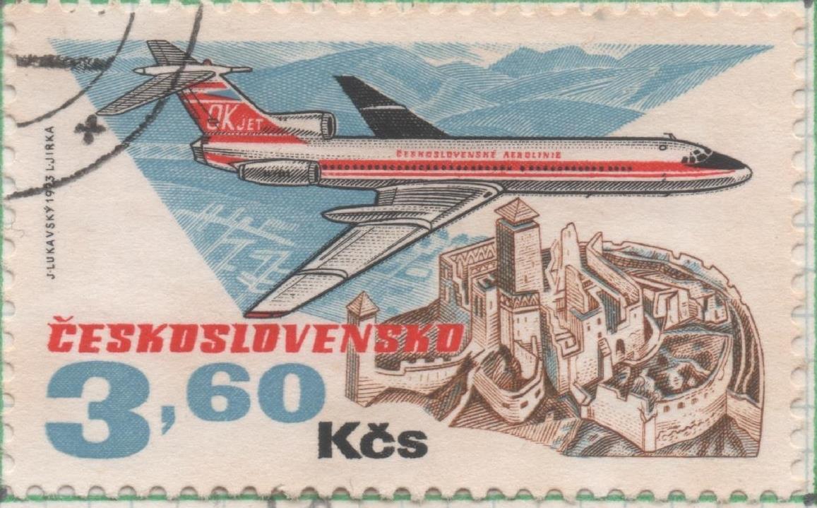 Sello E01845: hoja 120, Checoslovaquia: Sello Multicolor, dentado. 50 Aniv Líneas Aéreas Nacionales.  Tupolev 154 y castillo de Trenčín, 360 Koruny