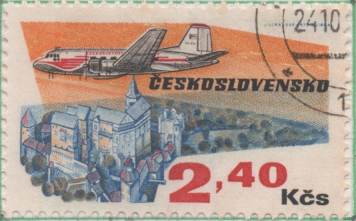 Sello E01844: hoja 120, Checoslovaquia: Sello Multicolor, dentado. 50Aniv Líneas Aéreas Nacionales.  Iljuschin II 14 y castilo de Pernstein, 2,40 Koruny