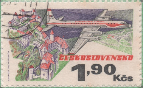 Sello E01843: hoja 120, Checoslovaquia: Sello Multicolor, dentado. 50 Aniv Líneas Aéreas Nacionales. Iljuschin II 18 y castilo de Veveri, 1,90 Koruna