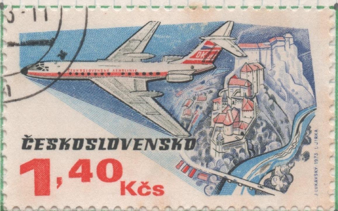 Sello E01842: hoja 120, Checoslovaquia: Sello Multicolor, dentado. 50 Aniv Líneas Aéreas Nacionales. Tupolev 134 y castillo de Orava, 1,40 Koruna