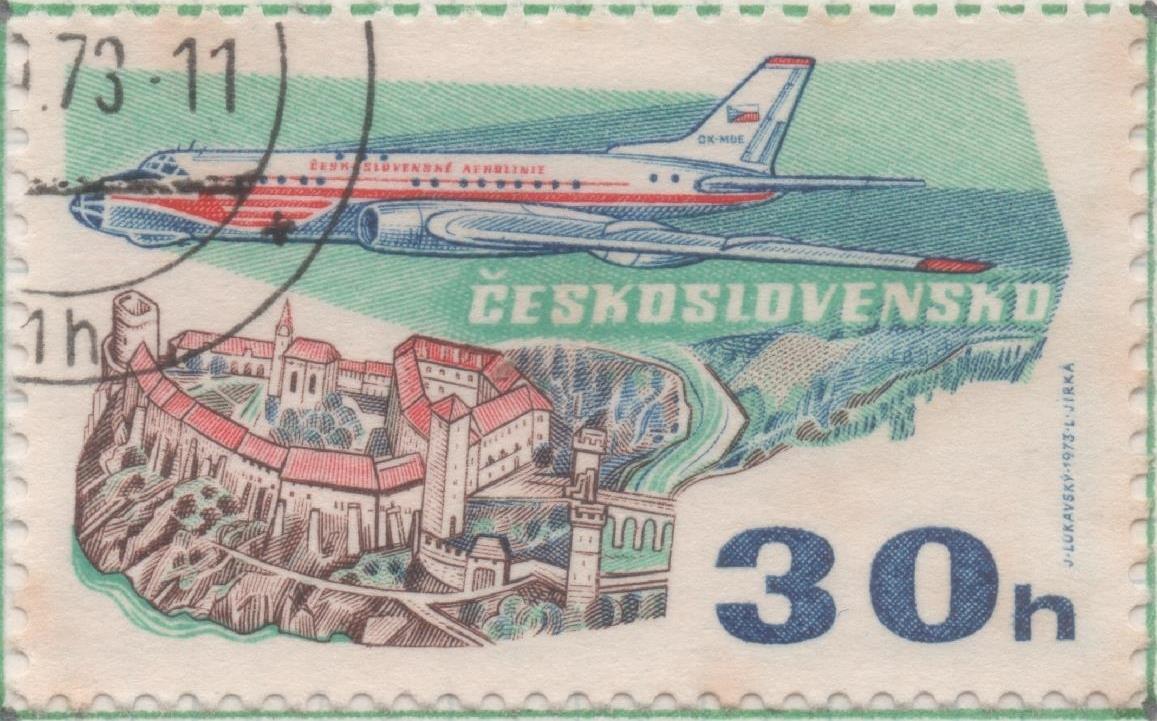 Sello E01840: hoja 120, Checoslovaquia: Sello Multicolor, dentado. 50 Aniv. Líneas Aéreas Nacionales. Tupolev 104 y castillo de Vitov, 30 Haleru