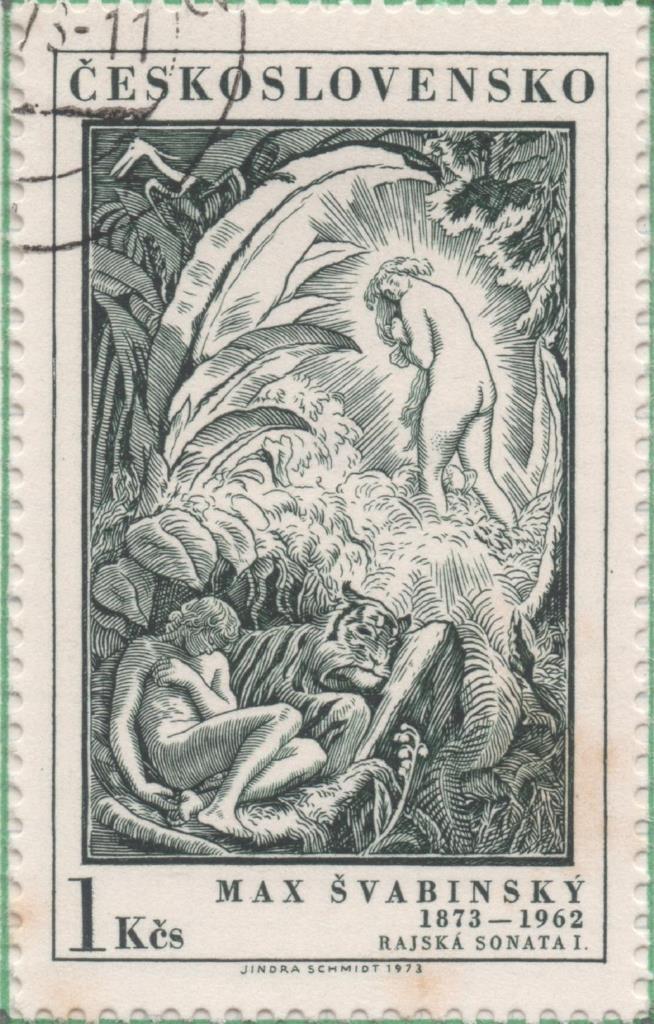 Sello E01838: hoja 120, Checoslovaquia: Sello Verde oscuro, dentado. I Centenario del Nacimiento del Pintor Max Svabinsky. Sonata de Paraiso I, 1 Koruna