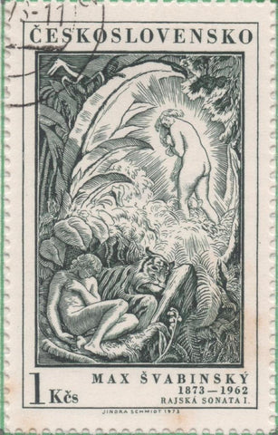 Sello E01838: hoja 120, Checoslovaquia: Sello Verde oscuro, dentado. I Centenario del Nacimiento del Pintor Max Svabinsky. Sonata de Paraiso I, 1 Koruna