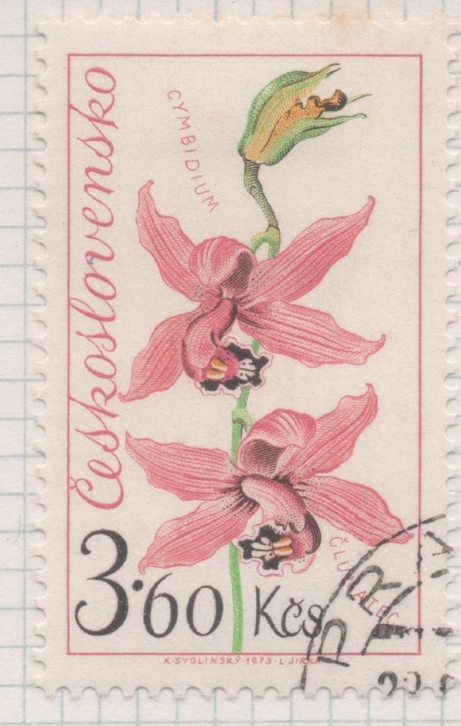 Sello E01827: hoja 119, Checoslovaquia: Sello Rosa, verde y amarillo, dentado. Exposición Floral de Olomouc. Orquídea Cymbidium, 3,60 Koruna