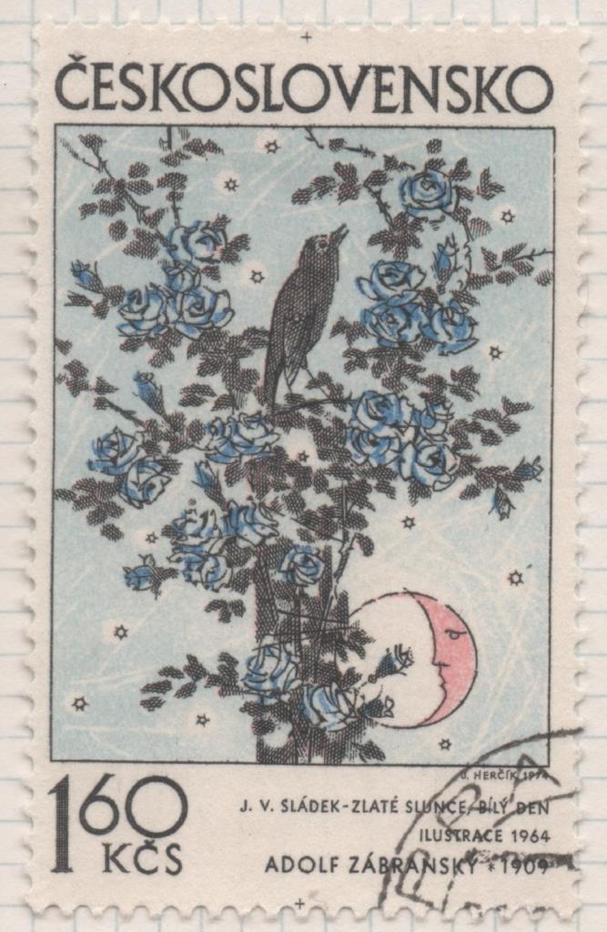 Sello E01856: hoja 121, Checoslovaquia. Sello Multicolor, dentado. Arte Gráfico. Pájaro y flores. Adolf Zabransky. 1964, 1,60 Koruna