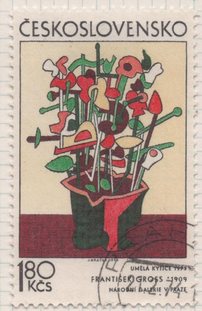 Sello E01857: hoja 121, Checoslovaquia: Sello Multicolor, dentado. Arte Gráfico. Flores artificiales. F. Gross. 1973, 1,80 Koruna