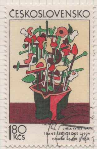 Sello E01857: hoja 121, Checoslovaquia: Sello Multicolor, dentado. Arte Gráfico. Flores artificiales. F. Gross. 1973, 1,80 Koruna