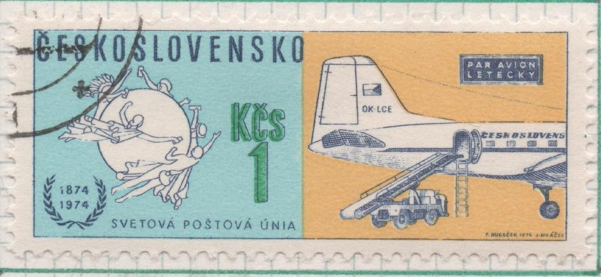 Sello E01888: hoja 124, Checoslovaquia: Sello Azul y amarillo, dentado. Centenario de la Unión Postal Universal. UPU. Emblema y Avión de Correo, 1 Koruna