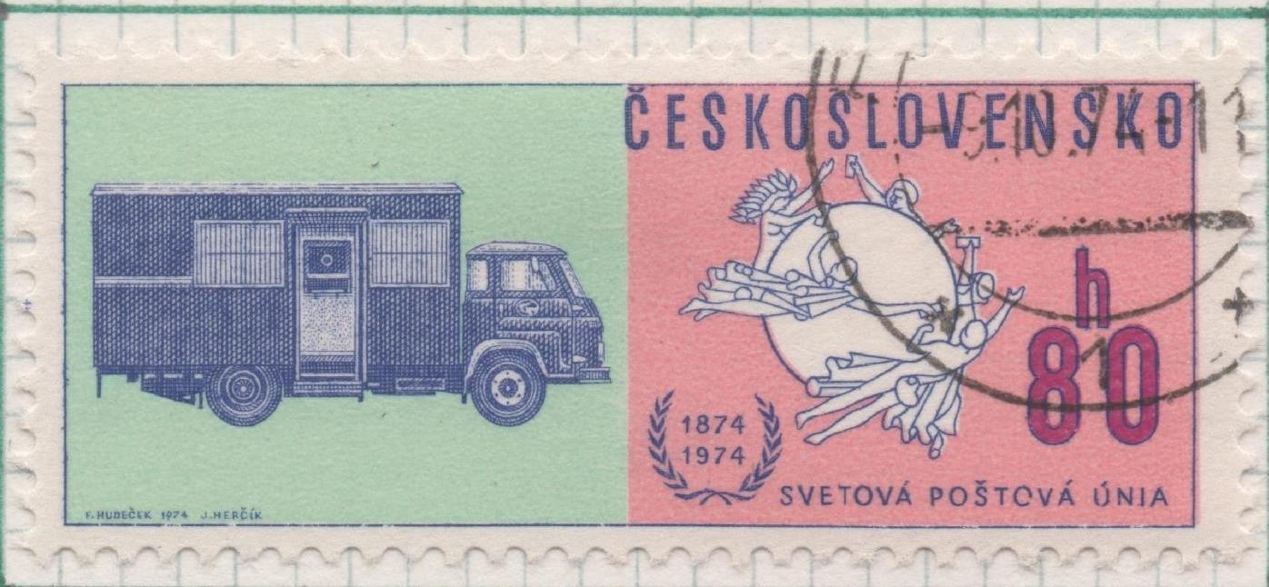 Sello E01887: hoja 124, Checoslovaquia: Sello Verde, rosa y lila, dentado. Centenario de la Unión Postal Universal. UPU. Emblema y Camión de Correo, 80 Haleru