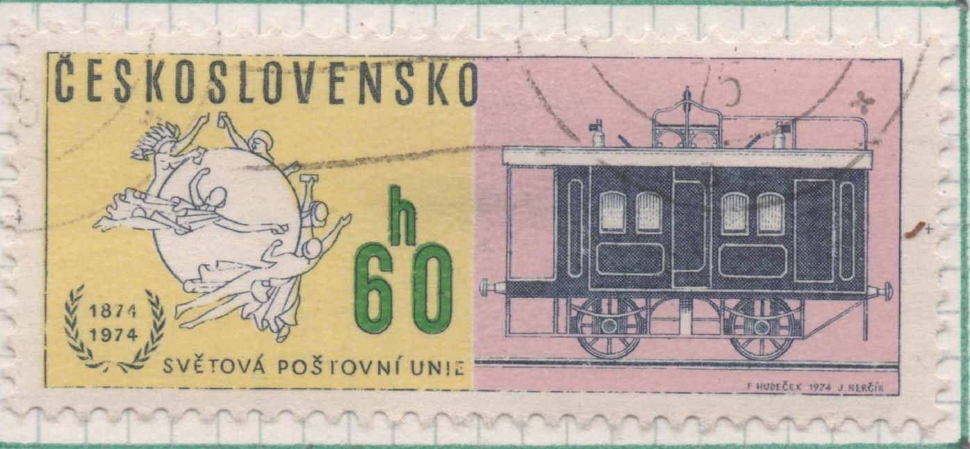 Sello E01886: hoja 124, Checoslovaquia: Sello Amarillo, rosa y negro, dentado. Centenario de la Unión Postal Universal. UPU. Emblema y Vagón del Correo Ferrocarril 1851, 60 Haleru