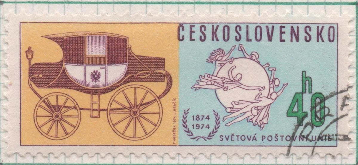 Sello E01885: hoja 124, Checoslovaquia: Sello Amarillo ,azul y marron, dentado.Centenario de la Unión Postal Universal. UPU. Emblema y Carruaje de Correos, 40 Haleru