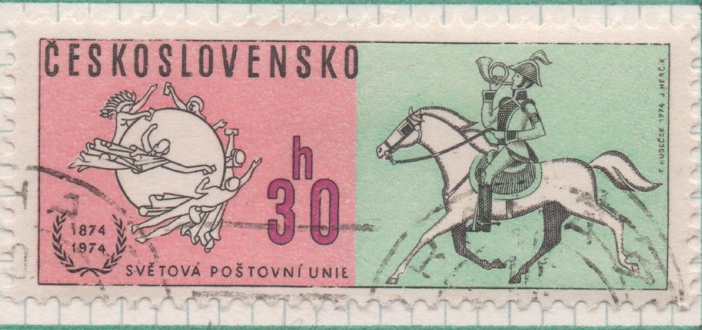 Sello E01884: hoja 124, Checoslovaquia: Sello Rosa y verde, dentado. Centenario de la Unión Postal Universal. UPU. Emblema y Postillón, 30 Haleru