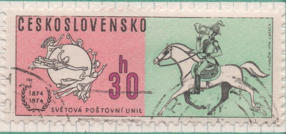 Sello E01884: hoja 124, Checoslovaquia: Sello Rosa y verde, dentado. Centenario de la Unión Postal Universal. UPU. Emblema y Postillón, 30 Haleru