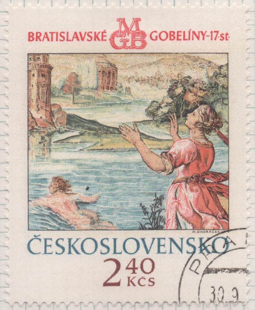 Sello E01879: hoja 124, Checoslovaquia: Sello Multicolor, dentado. Tapicerías de Bratislava "el amor trágico de Hero y Leandra" Hero observa nadar a Leandra, 2,340 Koruny