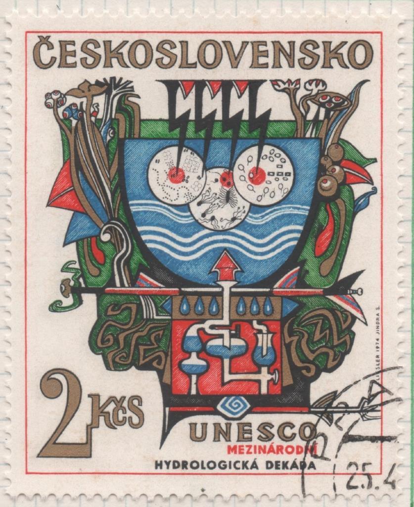 Sello E01876: hoja 123, Checoslovaquia: Sello Multicolor, dentado. UNESCO. Década hidrológica internacional "el hombre y la ciencia". Por el Agua Pura, 2 Koruny