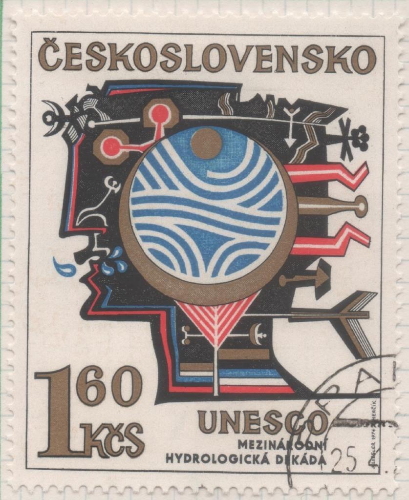 Sello E01875: hoja 123, Checoslovaquia: Sello Multicolor, dentado. UNESCO. Década hidrológica internacional "el hombre y la ciencia". Emblema de la Década, 1,60 Koruna