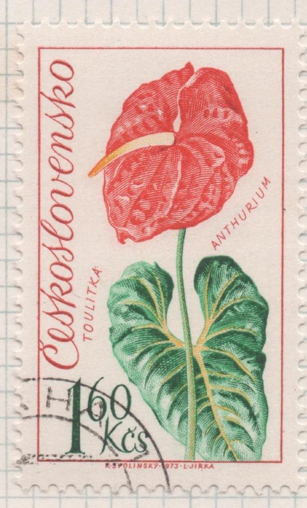 Sello E01825: hoja 119, Checoslovaquia: Sello Rojo y verde, dentado.Exposición Flroal de Olomouc, Anthurium, 1,60 Koruna