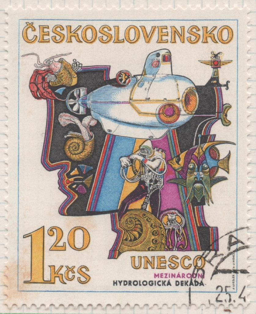 Sello E01874: hoja 123, Checoslovaquia: Sello Multicolor, dentado. UNESCO. Década hidrológica internacional "el hombre y la ciencia". La Exploración de los Mares, 1,20 Koruna