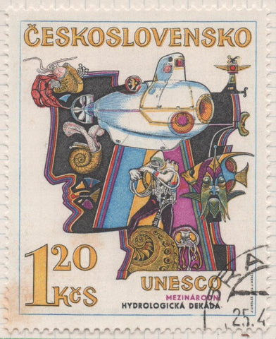 Sello E01874: hoja 123, Checoslovaquia: Sello Multicolor, dentado. UNESCO. Década hidrológica internacional "el hombre y la ciencia". La Exploración de los Mares, 1,20 Koruna