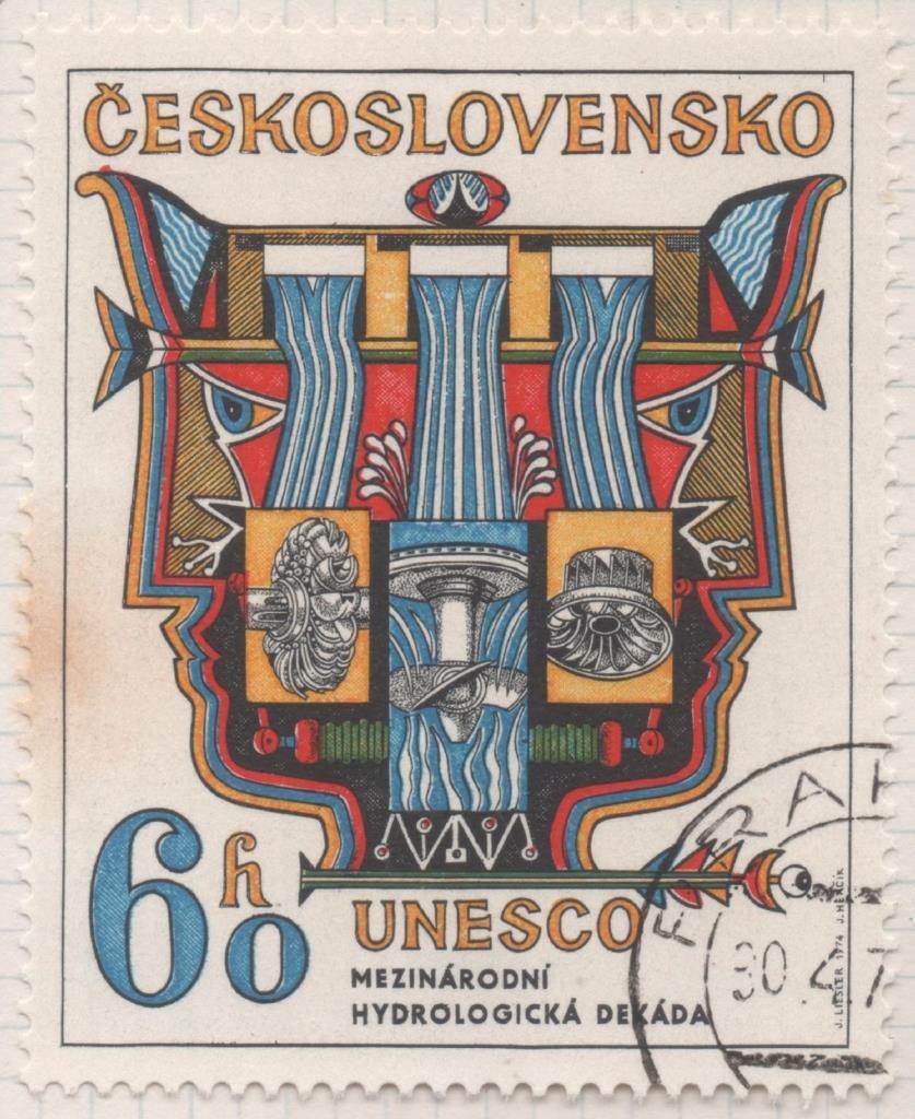 Sello E01872: hoja 123, checoslovaquia: Sello Multicolr, dentado. UNESCO.Década hidrológica internacional "el hombre y la ciencia". El agua, fuente de energía, 60 Haleru