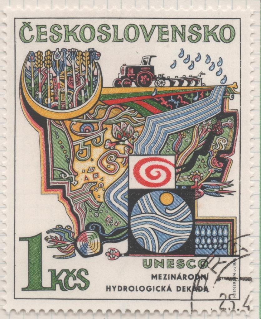 Sello E01873: hoja 123, Checoslovaquia: Sello Multicolor, dentado. UNESCO. Década hidrológica internacional "el hombre y la ciencia". Agua para la agricultura, 1 Koruna