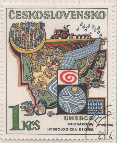 Sello E01873: hoja 123, Checoslovaquia: Sello Multicolor, dentado. UNESCO. Década hidrológica internacional "el hombre y la ciencia". Agua para la agricultura, 1 Koruna