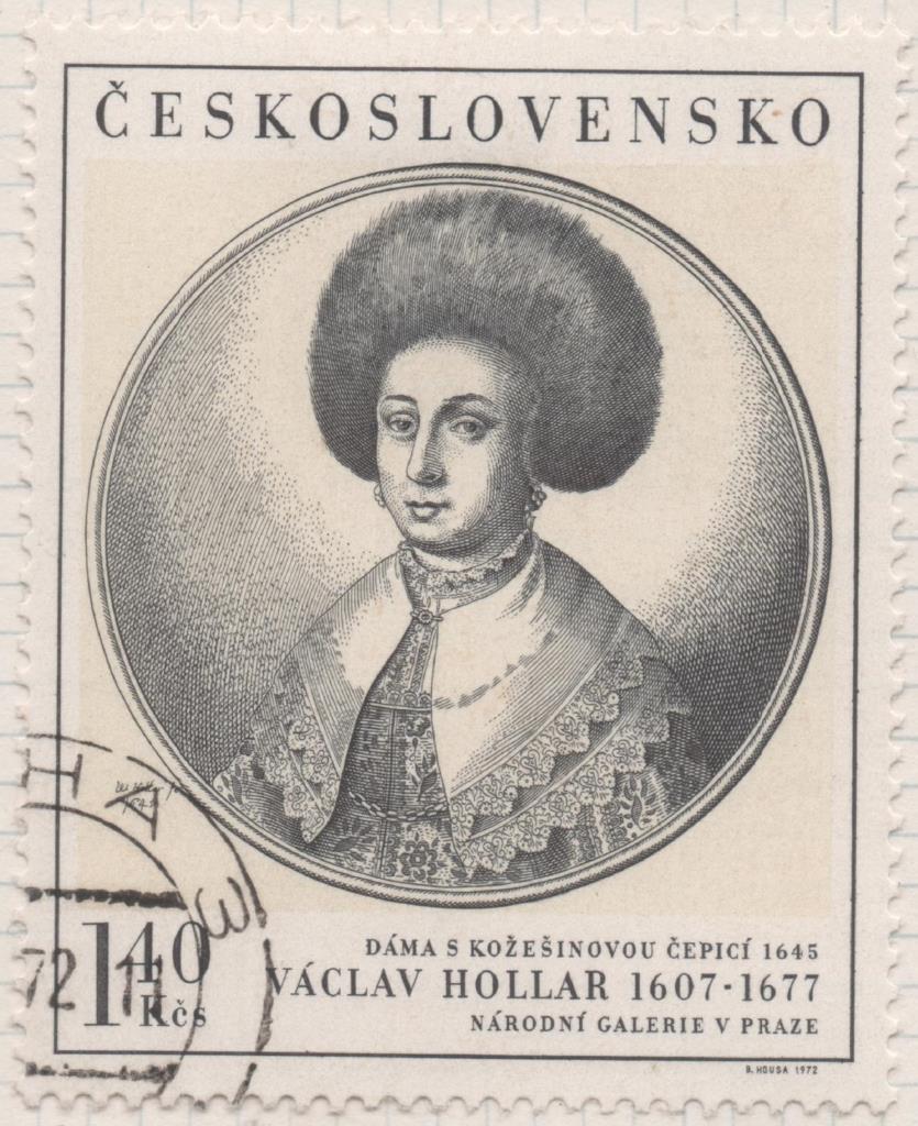 Sello E01781: hoja 116, Checoslovaquia: Sello Gris y negro, dentado. Pinturas de la Galería Nacional de Praga. Dama con sombrero. Václav Hollar. 1645, 1,40 Koruna