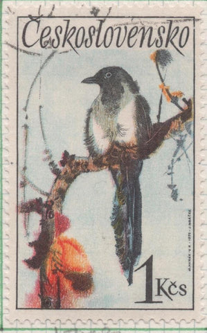 Sello E01788: hoja 117, Checoslovaquia: Sello Multicolor, dentado. Pájaros Cantores.  Urraca. Pica pica, 1 Koruna