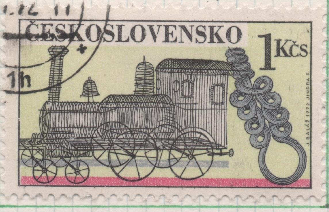 Sello E01771: hoja 115, Checoslovaquia: Sello Multicolor, dentdo. Artesanía Eslovaca en Alambre. Locomotora, 1 Koruna