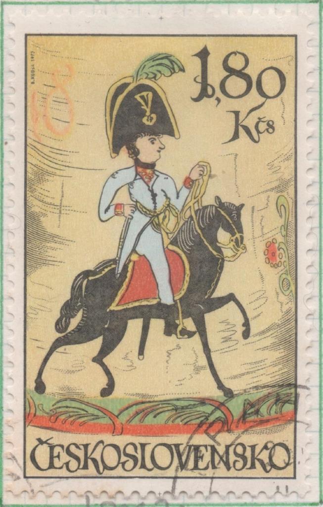 Sello E01767: hoja 115, Checoslovaquia: Sello Multicolor, detnado. Jinetes en el Arte. General austríaco. Esmalte sobre cristal, 1,80 Koruna
