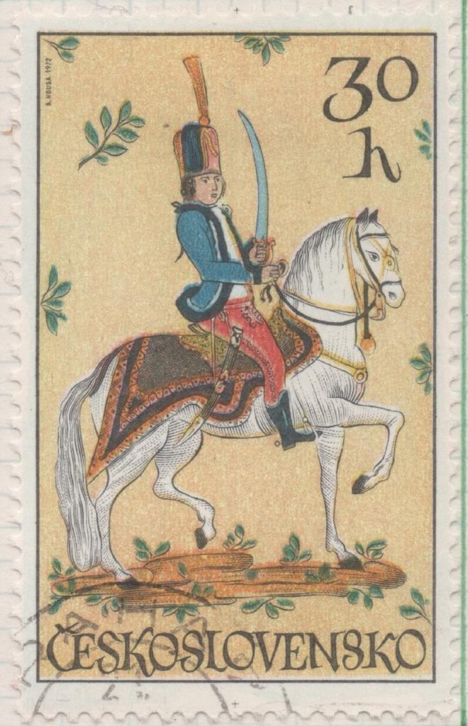 Sello E01763: hoja 115, Checoslovaquia: Sello Multicolor, dentado. Jinetes en el Arte. Húsar. Azulejo de cerámica, 30 Haleru
