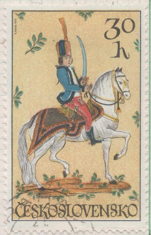 Sello E01763: hoja 115, Checoslovaquia: Sello Multicolor, dentado. Jinetes en el Arte. Húsar. Azulejo de cerámica, 30 Haleru
