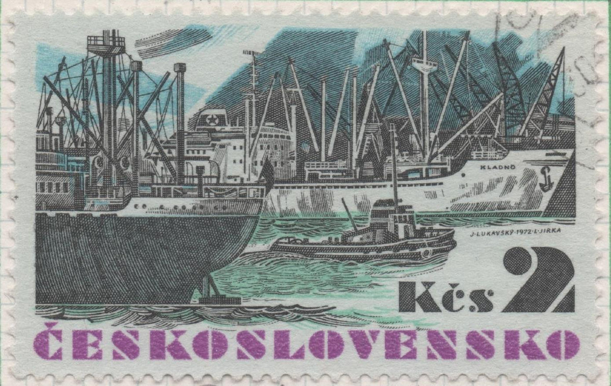 Sello E01761: hoja 115, Checoslovaquia: Sello Papel azulado, Multicolor, dentado. Flota Mercante Checoslovaca. Fragata "Kladno", 2 Koruny