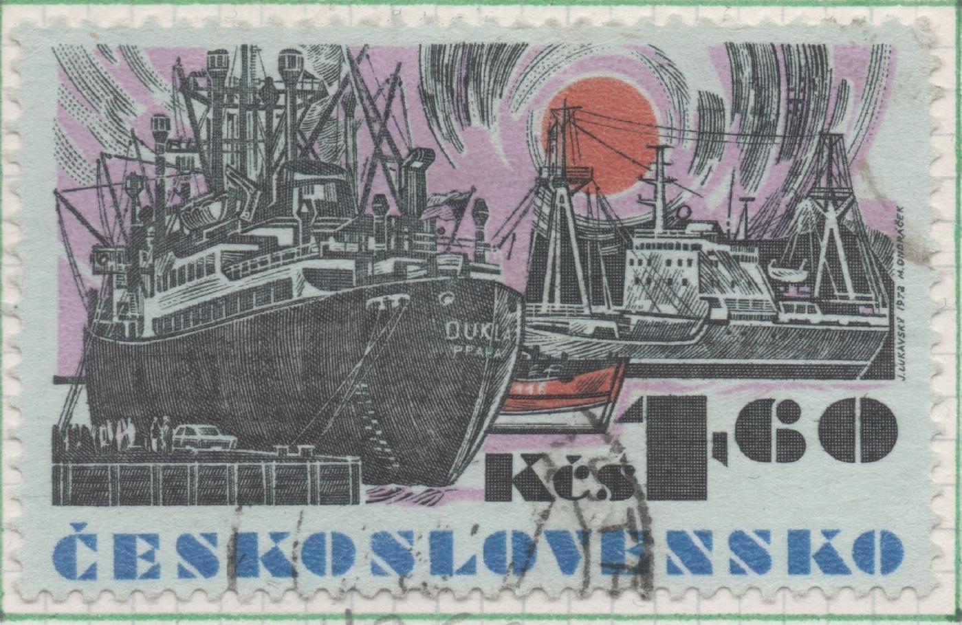 Sello E01760: hoja 115, Checoslovaquia: Sello Papel azulado, Multicolor, dentado. Flota Mercante Checoslovaca. Fragata "Dukla", 1,60 Koruna