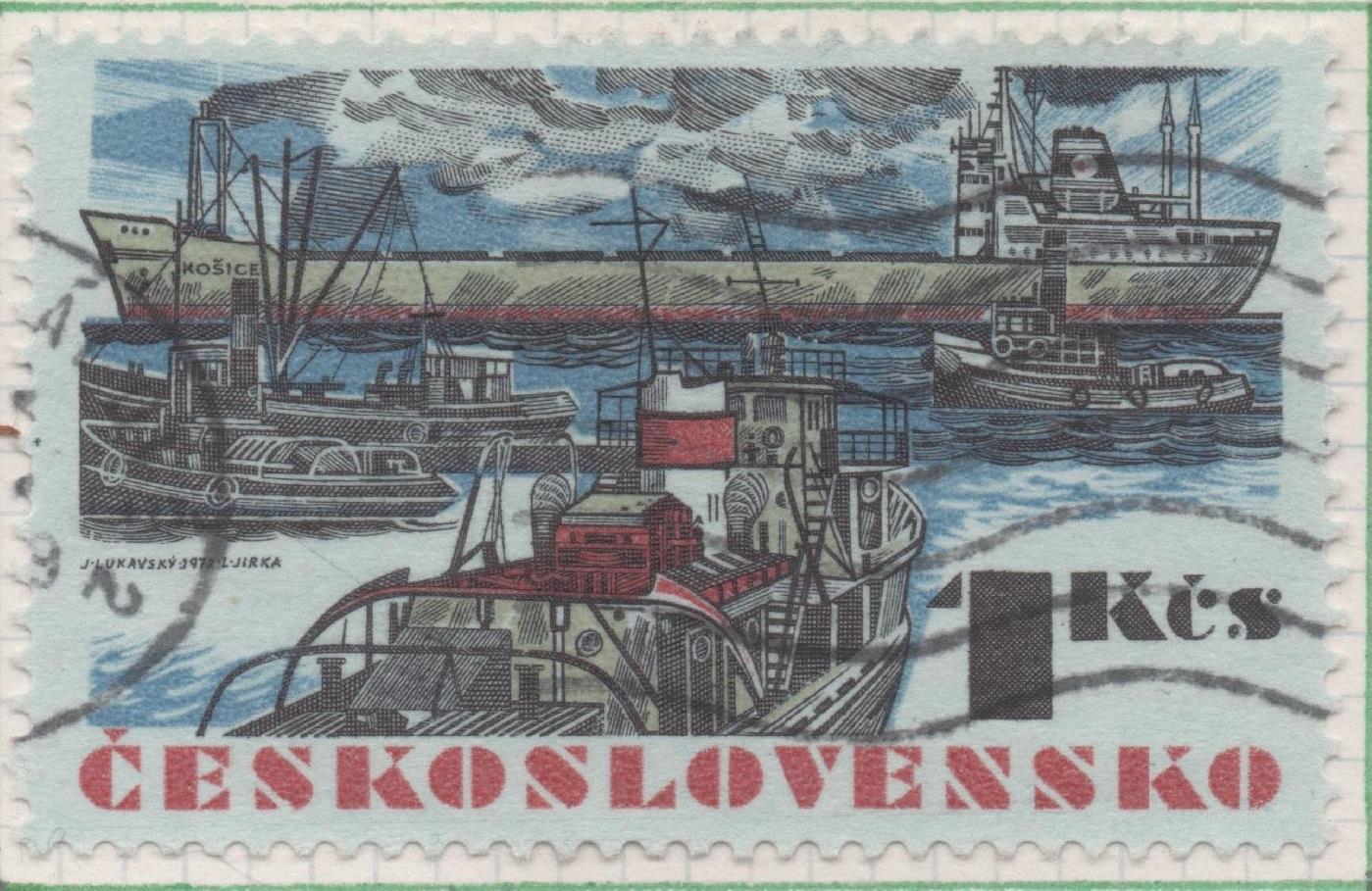 Sello E01759: hoja 115, Checoslovaquia: Sello Papel azulado, Multicolor, dentado. Flota Mercante Checoslovaca. Carguero "Košice", 1 Koruna