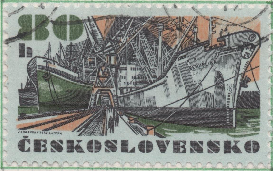 Sello E01758: hoja 115, Checoslovaquia: Sello Papel azulado, multicolor, dentado. Flota Mercante Checoslovaca. Fragata "Republika", 80 Haleru