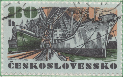Sello E01758: hoja 115, Checoslovaquia: Sello Papel azulado, multicolor, dentado. Flota Mercante Checoslovaca. Fragata "Republika", 80 Haleru