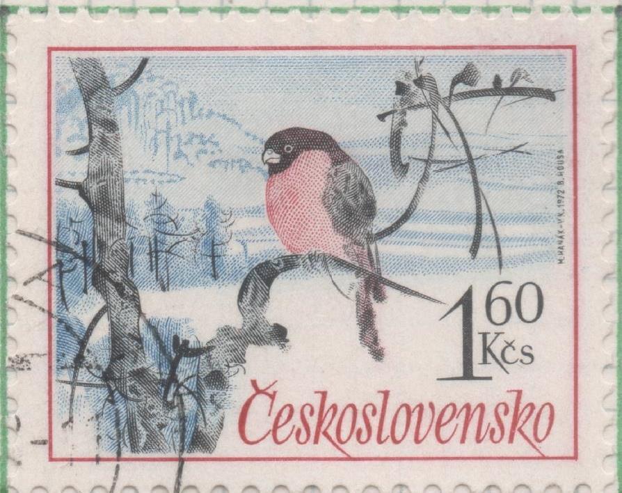 Sello E01789: hoja 117, Checoslovaquia: Sello Multicolor, dentado. Pájaros Cantores.  Camachuelo. Pyrrhula pyrrhula, 1,60 Koruna