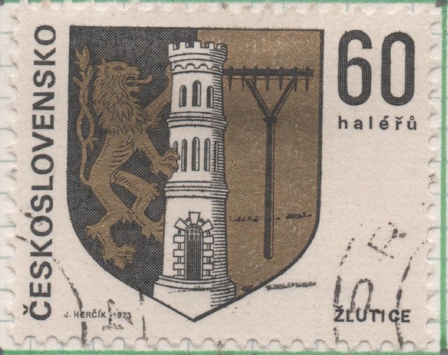 Sello E01821: hoja 119, Checoslovaquia: Sello Dorado, negro y gris, dentado. Escudos Capitales Regionales. Žlutice, 60 Haleru