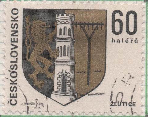 Sello E01821: hoja 119, Checoslovaquia: Sello Dorado, negro y gris, dentado. Escudos Capitales Regionales. Žlutice, 60 Haleru