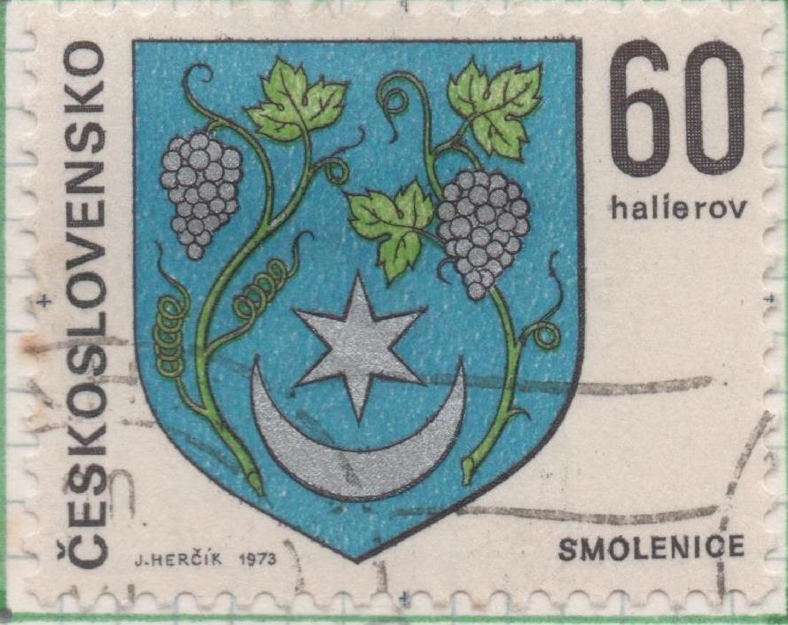 Sello E01820: hoja 119, Checoslovaquia: Sello Azul, plateado y verde, dentado. Escudos de Capitales Regionales. Smolenice, 60 Haleru
