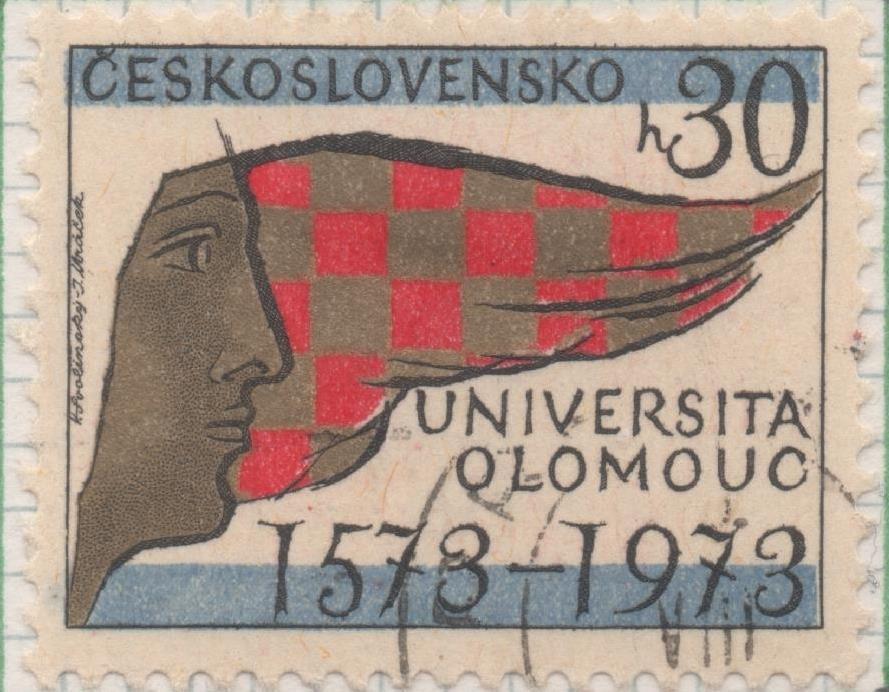 Sello E01815: hoja 119, Checoslovaquia: Sello Dorado, rojo y azul, detnado. IV Centenario de la universidad de Olomuc, 30 Haleru