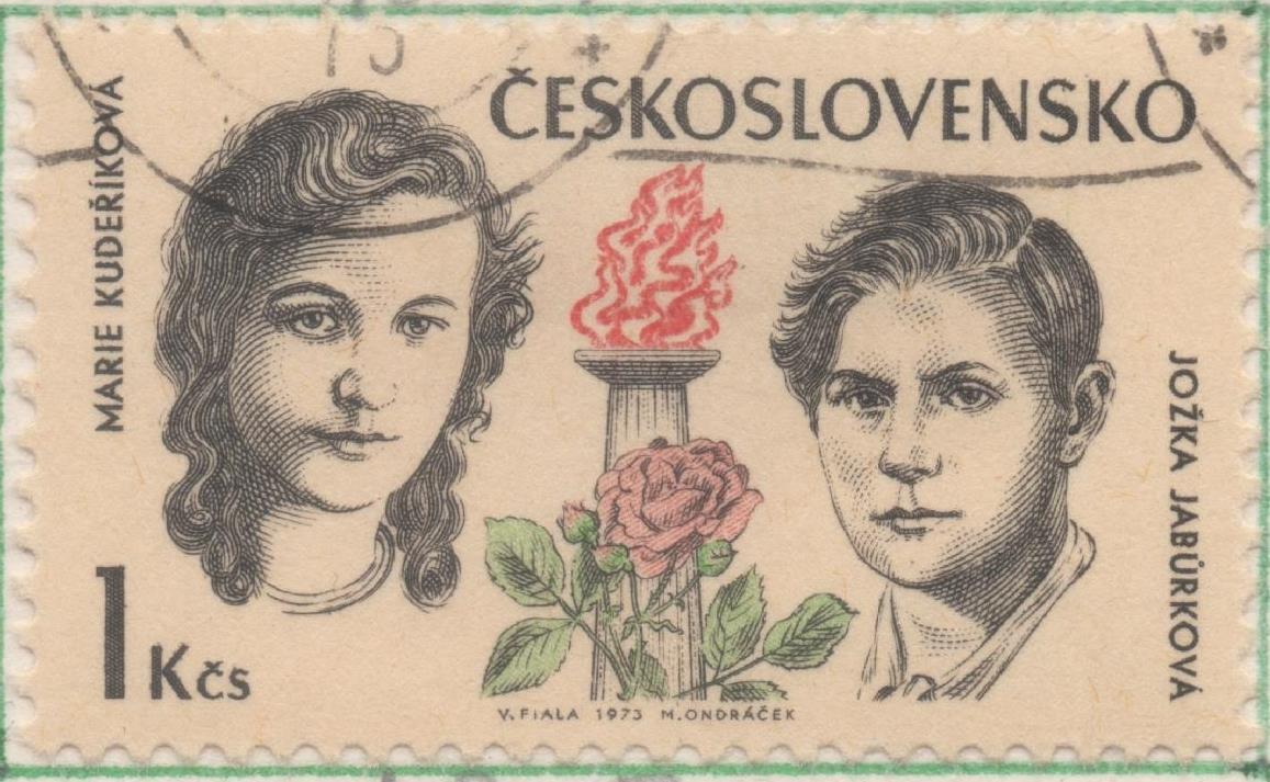 Sello E01807: hoja 118, Checoslovaquia: Sello Gris, rojo y verde, dentado. Mártires de la II Guerra Mundial. Marie Kudeříková y Jožka Jaburková, 1 Koruna
