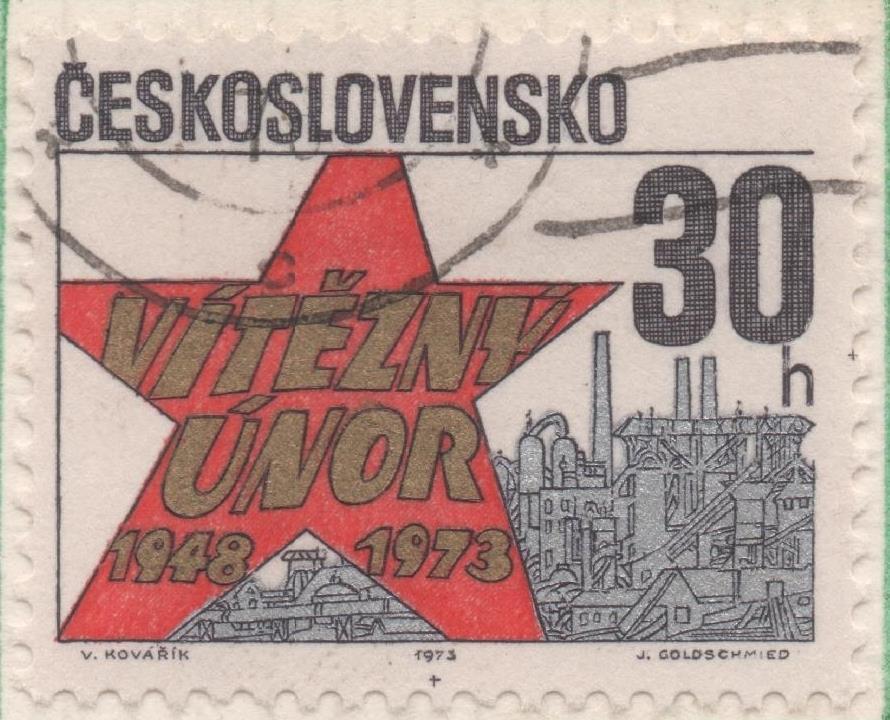 Sello E01801: hoja 118, Checoslovaquia: Sello Multicolor, dentado. XXV Aniv de la Revolución de Febrero. Estrella Roja y Fabricas, 30 Haleru